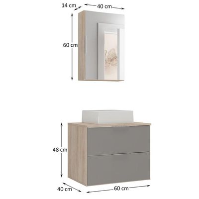 Conjunto Gabinete Banheiro Rubi 60cm Gabinete + Cuba + Espelheira Madeirado Cinza