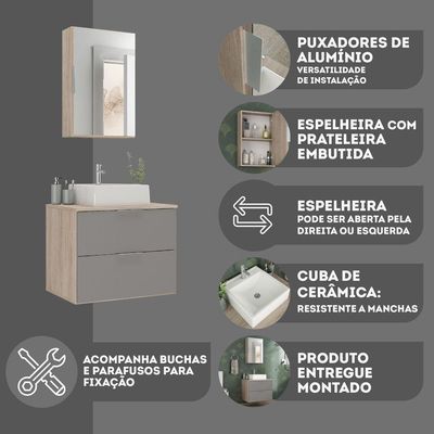 Conjunto Gabinete Banheiro Rubi 60cm Gabinete + Cuba + Espelheira Madeirado Cinza