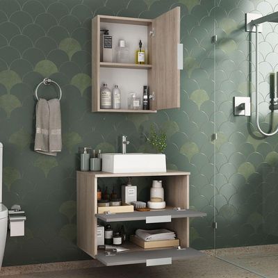 Conjunto Gabinete Banheiro Rubi 60cm Gabinete + Cuba + Espelheira Madeirado Cinza