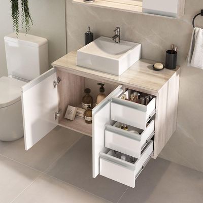 Conjunto Gabinete Banheiro Prisma 80cm Gabinete + Cuba + Espelheira Com Vidro Madeirado Branco
