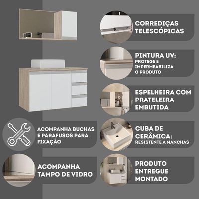 Conjunto Gabinete Banheiro Prisma 80cm Gabinete + Cuba + Espelheira Com Vidro Madeirado Branco