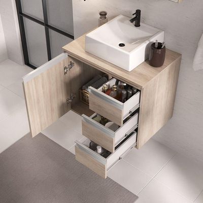 Conjunto Gabinete Banheiro Prisma 60cm Gabinete + Cuba + Espelheira Com Vidro Madeirado Inteiro