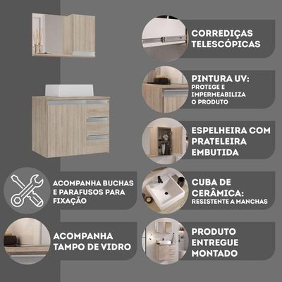 Conjunto Gabinete Banheiro Prisma 60cm Gabinete + Cuba + Espelheira Com Vidro Madeirado Inteiro