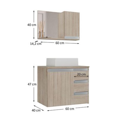 Conjunto Gabinete Banheiro Prisma 60cm Gabinete + Cuba + Espelheira Com Vidro Madeirado Inteiro
