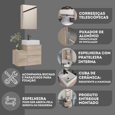 Conjunto Gabinete Banheiro Nivus 60 (gabinete+espelheira+cuba) Madeirado Inteiro