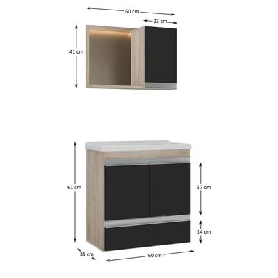 Conjunto Gabinete Banheiro Fox 60cm (gabinete + Cuba + Espelheira) Madeirado Preto