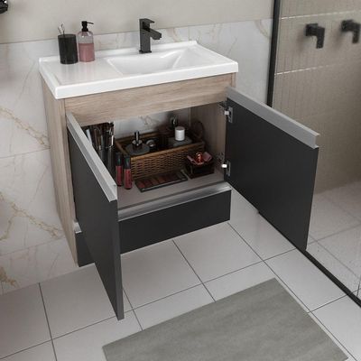 Conjunto Gabinete Banheiro Fox 60cm (gabinete + Cuba + Espelheira) Madeirado Preto