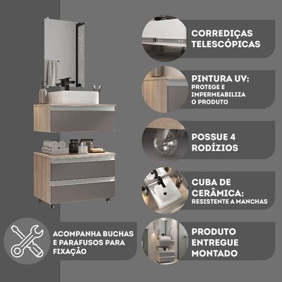Conjunto Gabinete Banheiro Creta 60cm (gabinete+espelheira+cuba) Madeirado Cinza