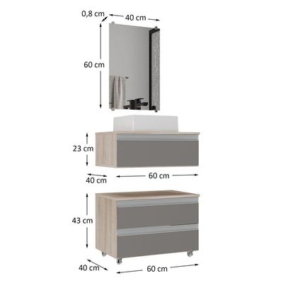 Conjunto Gabinete Banheiro Creta 60cm (gabinete+espelheira+cuba) Madeirado Cinza