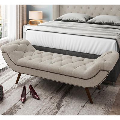 Kit Cabeceira Cama Box Casal 160 cm Madrid com Puff Recamier Santorini Linho Creme - Lyam Decor