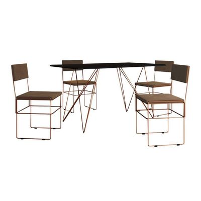 Mesa Jantar Industrial Trama 1,40x0,80m Preta Com 4 Cadeiras Estofadas Vitória Marrom E Cobre Marrom