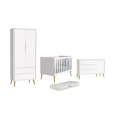 Dormitório Theo 2 Portas, Cômoda Com Porta Branco Com Pés Madeira Natural E Colchão D18 Reller Móveis Branco