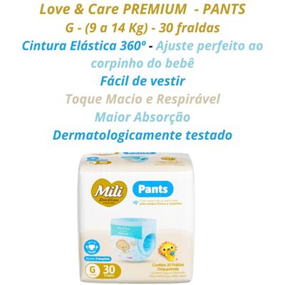 Fralda Descartável Mili Love & Care PREMIUM  PANTS (Tamo G)  cintura elástica 360º - pacote c/ 30