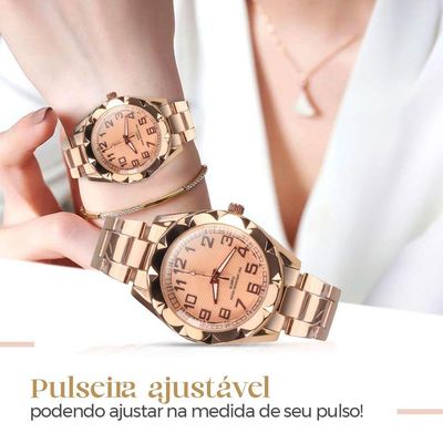 Relogio Feminino Aço Prova Dagua + Caixa + Brincos + Colar Qualidade Premium Original Moda Social