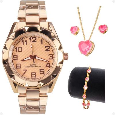 Relogio Feminino Aço Prova Dagua + Caixa + Brincos + Colar Qualidade Premium Original Moda Social