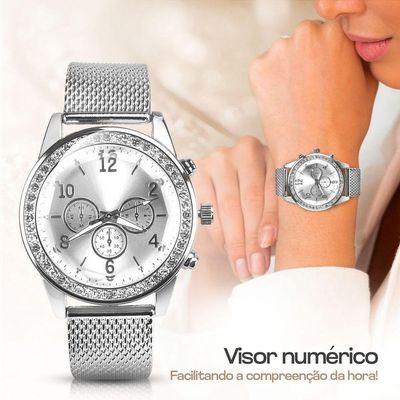 Relogio Feminino Aço Prata Strass + Brincos + Colar + Caixa Presente Delicado Prova Dagua Redondo