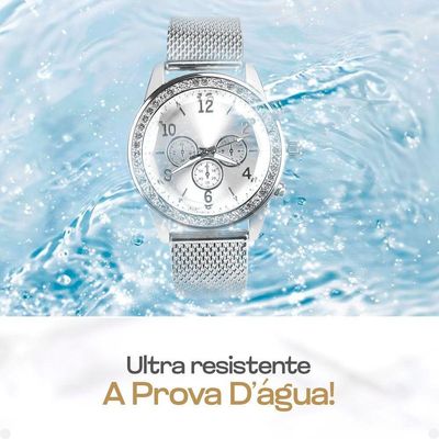 Relogio Feminino Aço Prata Strass + Brincos + Colar + Caixa Presente Delicado Prova Dagua Redondo