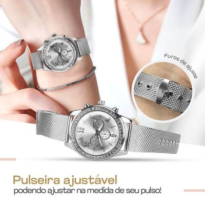 Relogio Feminino Aço Prata Strass + Brincos + Colar + Caixa Presente Delicado Prova Dagua Redondo
