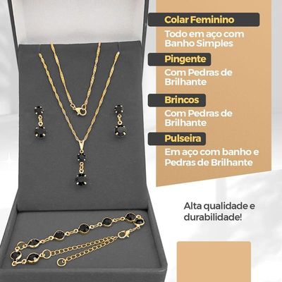 Relogio Preto Digital Feminino + Brincos + Colar Strass Quadrado Casual Pulseira Ajustável Presente