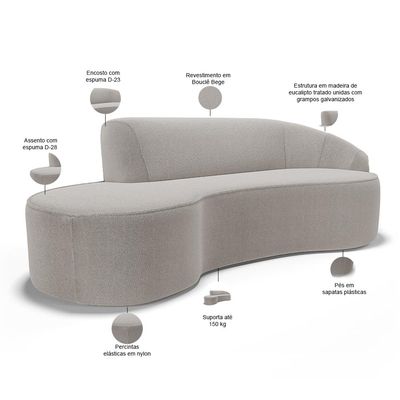 Sofá 3 Lugares Curvo Sala de Estar Living Firenze Direito D02 Bouclê Bege 180 cm B-62 - Lyam