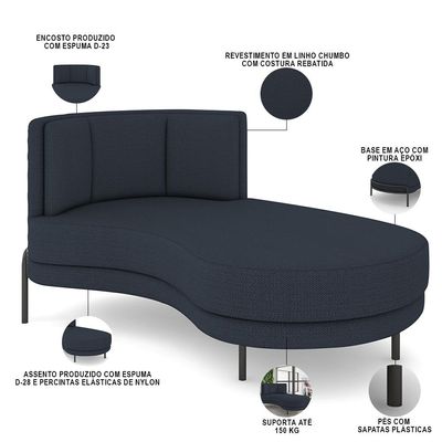 Sofá Chaise Longue Sala de Estar Living Lucca Direito D02 Linho Chumbo D-465 - Lyam Decor