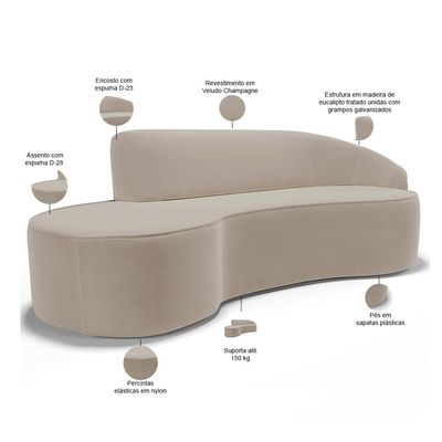 Sofá 4 Lugares Curvo Sala de Estar Living Firenze Direito D02 Veludo Champagne 280 cm C-68 - Lyam