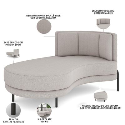 Sofá Chaise Longue Sala de Estar Living Lucca Esquerdo D02 Bouclê Bege B-62 - Lyam Decor