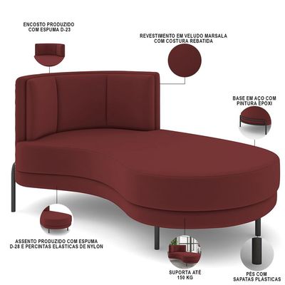 Sofá Chaise Longue Sala de Estar Living Lucca Direito D02 Veludo Marsala C-278 - Lyam Decor