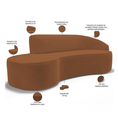Sofá 5 Lugares Curvo Sala de Estar Living Firenze Direito D02 Veludo Telha 300 cm C-262 - Lyam