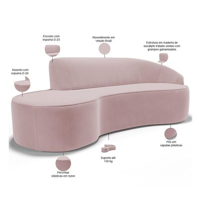 Sofá 3 Lugares Curvo Sala de Estar Living Firenze Direito D02 Veludo Rosê 180 cm C-305 - Lyam