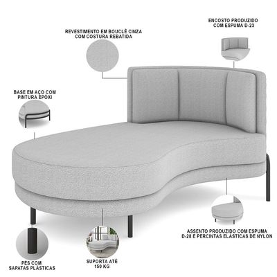 Sofá Chaise Longue Sala de Estar Living Lucca Esquerdo D02 Bouclê Cinza B-56 - Lyam Decor