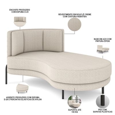 Sofá Chaise Longue Sala de Estar Living Lucca Direito D02 Bouclê Creme B-54 - Lyam Decor