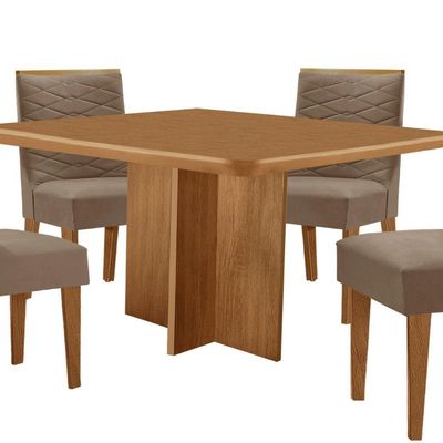 Mesa Olimpia 90 Mdf Canto Copo E Com 4 Cadeiras Safira Veludo Capuccino/naturalle/naturalle
