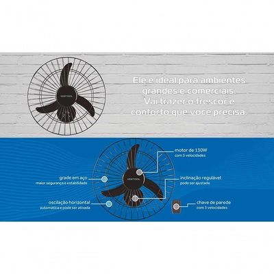 Ventilador De Parede Ventisol Oscilante 3 Pás Premium Preto 50cm Bivolt