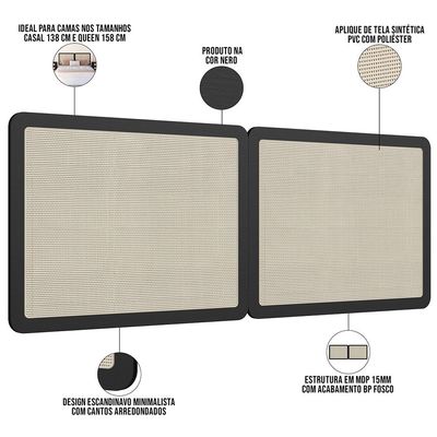 Cabeceira Casal Queen 160cm e 2 Mesas Laterais 2 Gavetas Industrial Indy A03 Nero - Lyam Decor