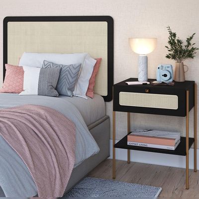 Cabeceira Solteiro 90cm e 1 Mesa Lateral 1 Gaveta Industrial Indy A03 Nero - Lyam Decor