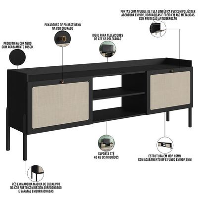 Rack Para Sala de Estar TV 65 Pol 183cm Pés Madeira Moss A03 Nero Preto - Lyam Decor