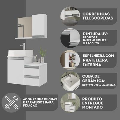 Conjunto Gabinete Banheiro Cross 60 (gabinete+espelheira+cuba) Branco Inteiro