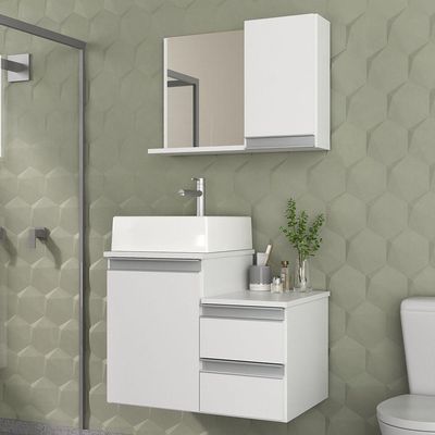 Conjunto Gabinete Banheiro Cross 60 (gabinete+espelheira+cuba) Branco Inteiro
