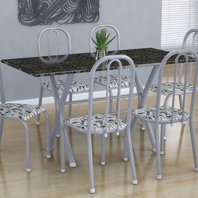 Conjunto de Mesa Miame com 6 Cadeiras Madri Branco Prata e Branco Floral