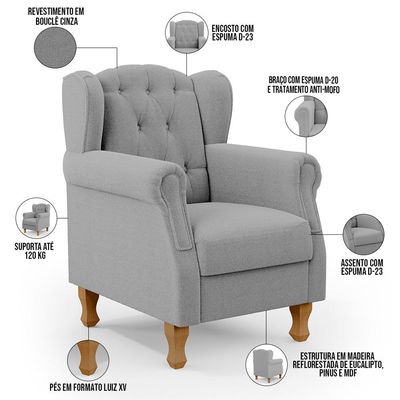 Poltrona Decorativa Para Sala de Estar Yara P02 Bouclê Cinza - Lyam Decor