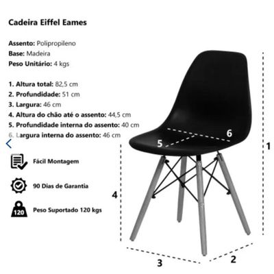 Conjunto De Mesa De Jantar Eames Eiffel Redonda 110cm Tampo De Madeira Preto Com 4 Cadeiras Brancas