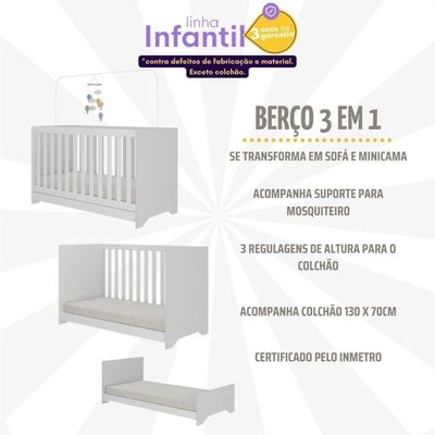 Berço Americano 3 Em 1 Com Colchão Incluso E Rodízios Bambino Multimóveis Branco