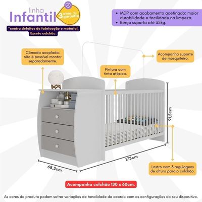 Berço Cômoda Com Colchão Incluso Colinho De Mãe Multimóveis Branco Cinza