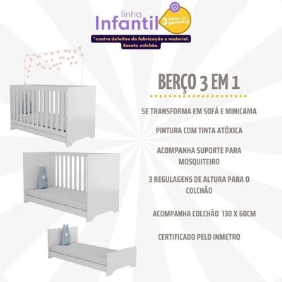 Berço 3 Em 1 Com Colchão Incluso Multimóveis Pipoca Branco
