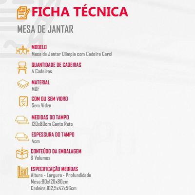 Mesa Olímpia 120cm Mdf Canto Reto Com 4 Cadeiras Carol