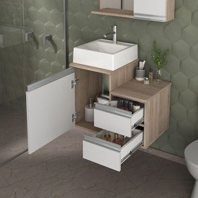 Conjunto Gabinete Banheiro Cross 60 (gabinete+espelheira+cuba) Madeirado Branco
