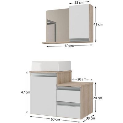 Conjunto Gabinete Banheiro Cross 60 (gabinete+espelheira+cuba) Madeirado Branco