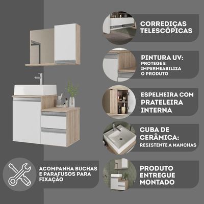 Conjunto Gabinete Banheiro Cross 60 (gabinete+espelheira+cuba) Madeirado Branco