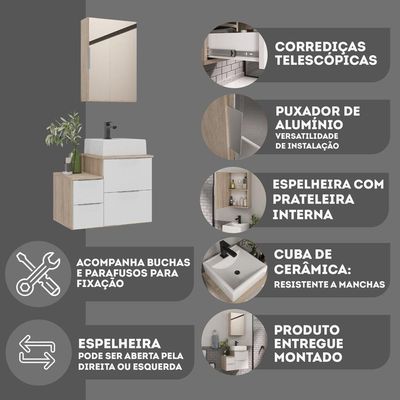 Conjunto Gabinete Banheiro Nivus 60 (gabinete+espelheira+cuba) Madeirado Branco